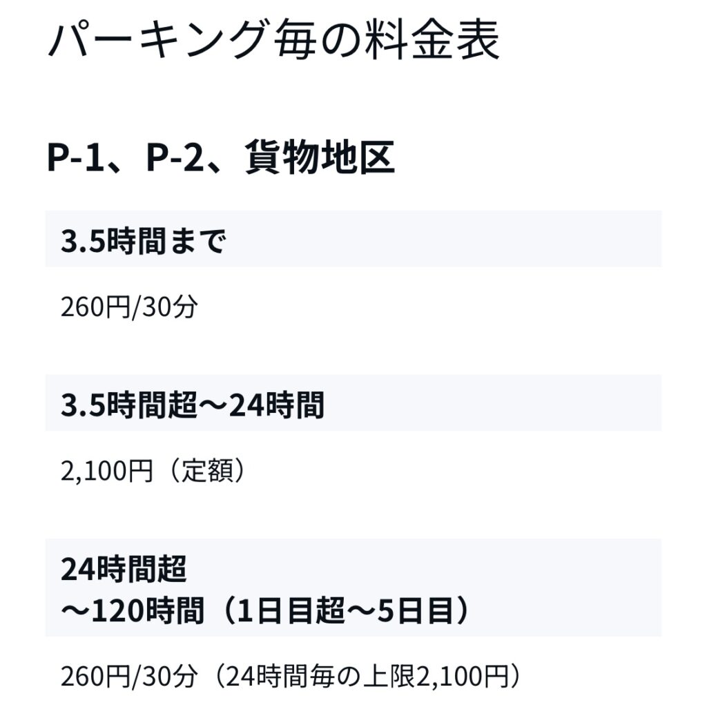 成田空港の駐車場料金表