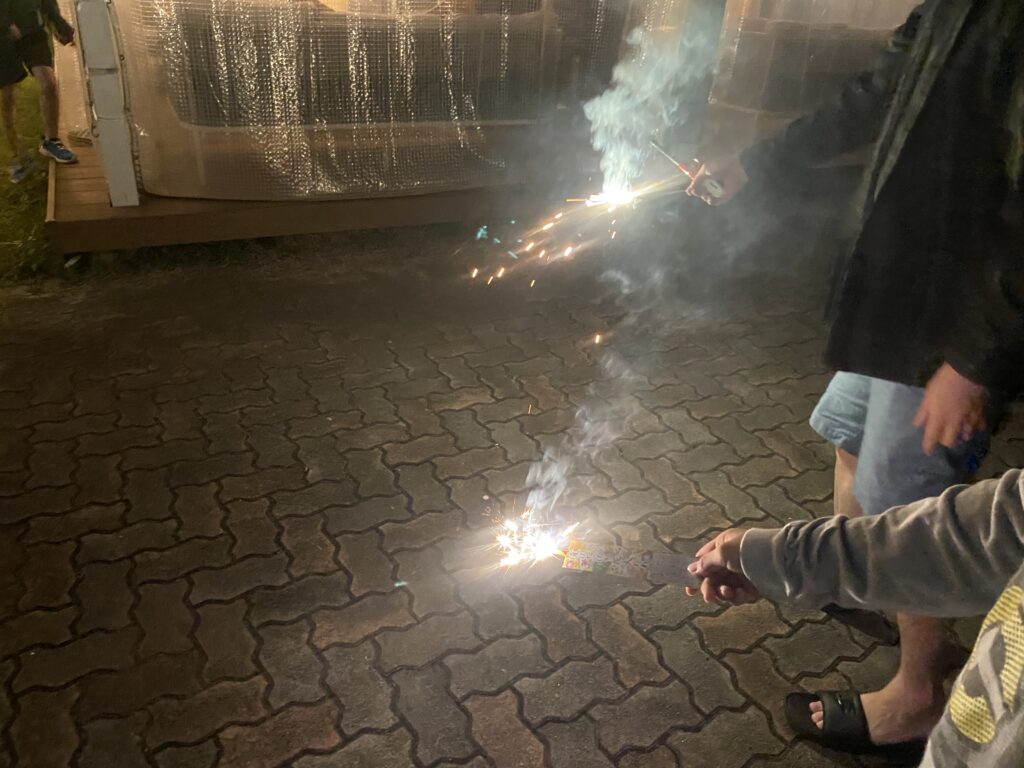 花火を楽しんでいる