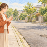 道路の穴から距離を取り、歩道でスマートフォンを操作する女性の水彩イラスト