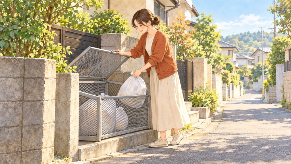 朝の住宅街で、口を結んだごみ袋を集積所に出す女性のイラスト
