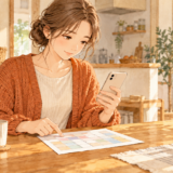 自宅で紙のごみ収集カレンダーとスマートフォンを確認する女性のイラスト