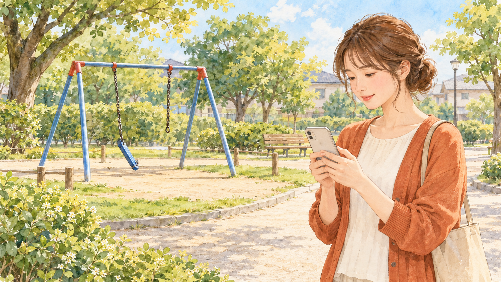 破損したブランコから離れた園路でスマートフォンを確認する女性の水彩イラスト