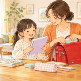 ランドセルを準備する親子のイラスト
