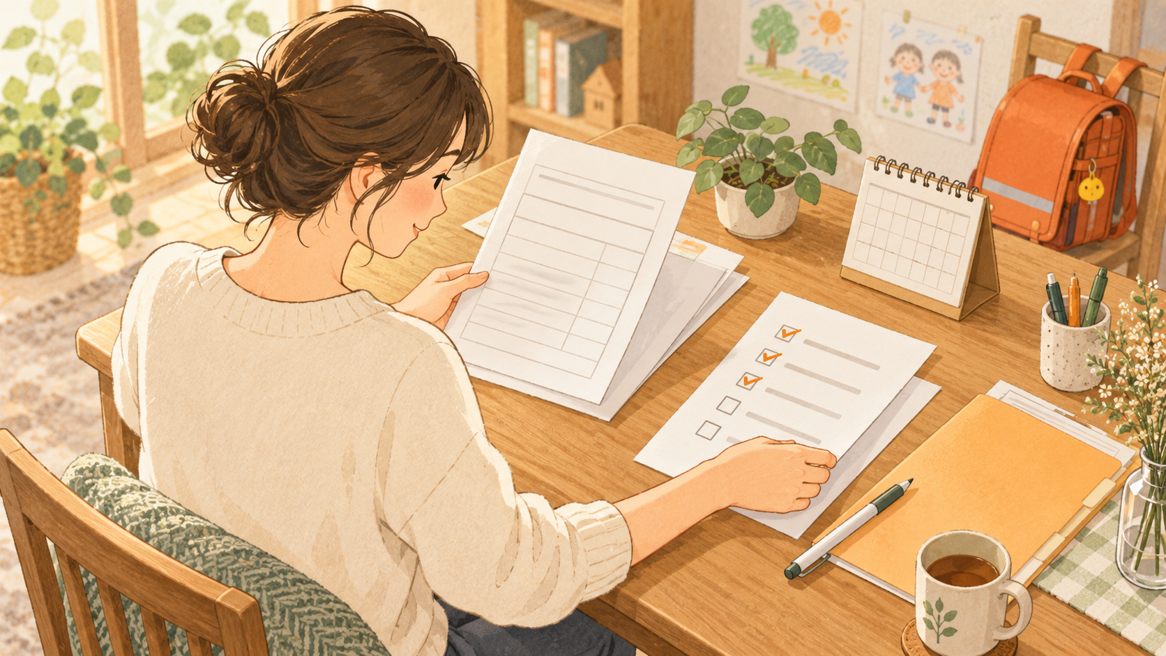 申請書類とチェックリストを確認する保護者のイラスト