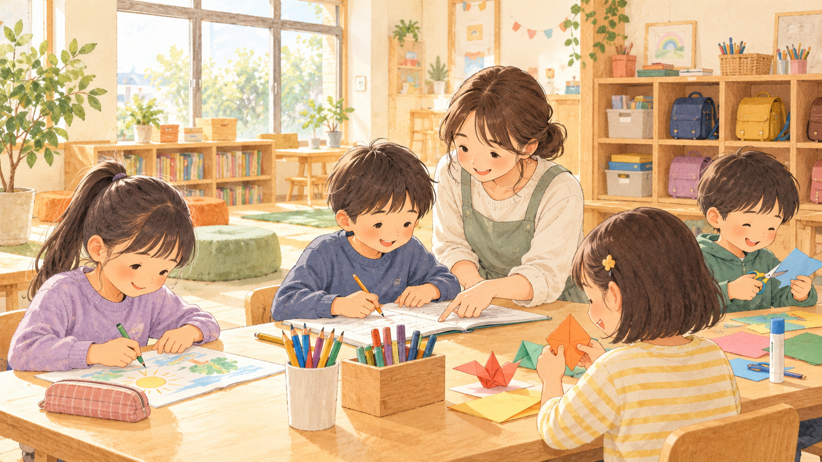 見守りのもとで宿題や工作を楽しむ子どもたちのイラスト