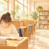 静かな学習スペースで、それぞれの机で勉強する人たちのイラスト
