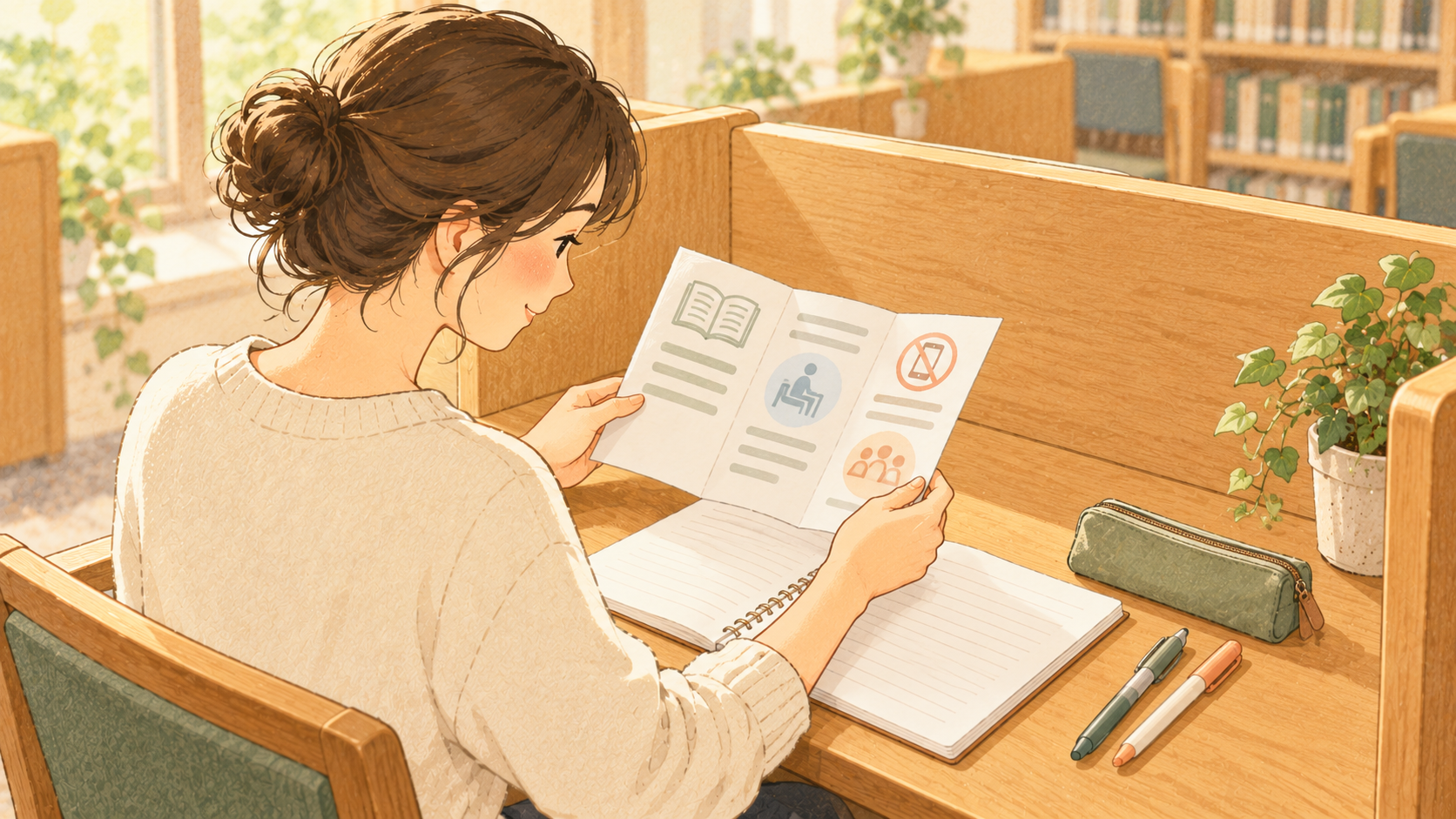 利用案内を確認し、ノートと筆記用具を準備する人のイラスト