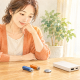 テーブルに並べた乾電池・コイン電池・モバイルバッテリーを見ながら、捨て方を考える女性のイラスト