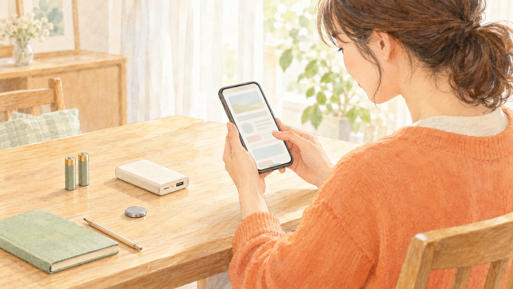 種類ごとに離して置いた電池を前に、スマートフォンで処分方法を確認する女性のイラスト