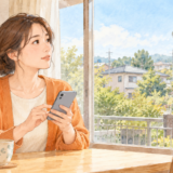 自宅で防災無線の放送に耳を傾けながらスマートフォンを持つ女性のイラスト