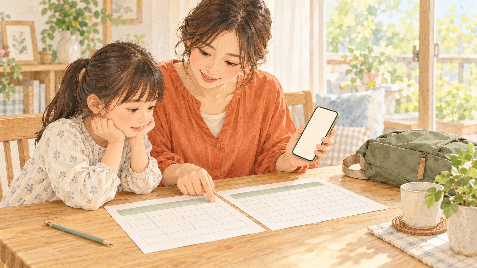 自宅で資料とスマートフォンを見ながらバスの往復を計画する親子の水彩イラスト