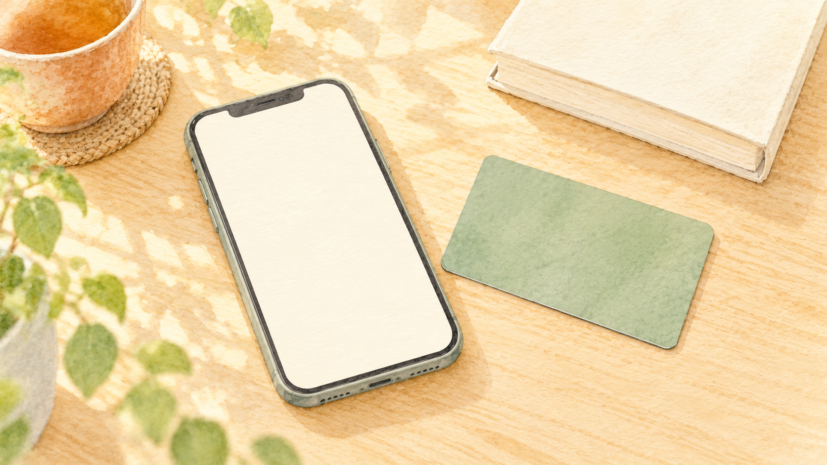 スマートフォンと無地のカードをテーブルに並べた、電子書籍利用の準備イメージ