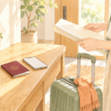 パスポートとスマートフォン、旅行かばんをそろえて申請の準備をする様子のイラスト
