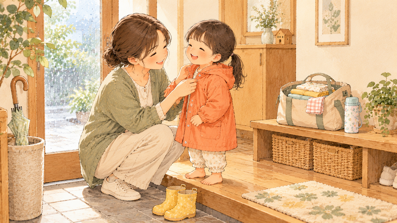玄関で子どものレインコートを整え、着替えやタオルを用意する保護者のイラスト