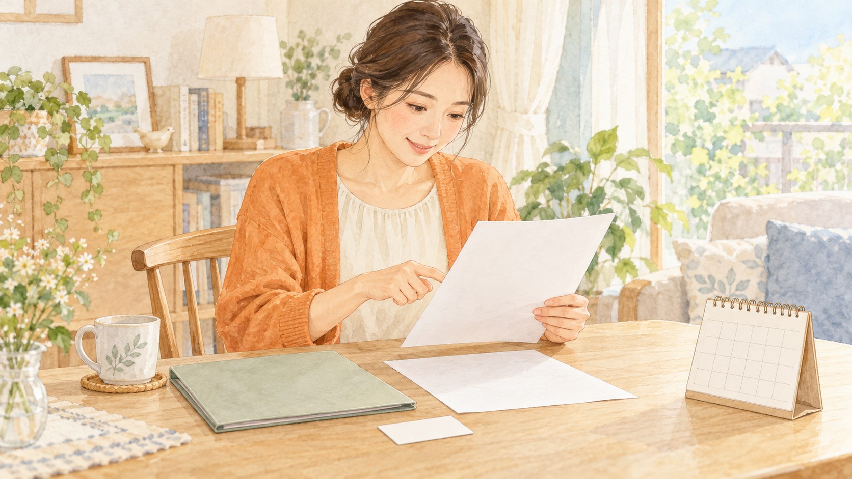 自宅で書類とカードを準備し、必要事項を確認する女性の水彩イラスト