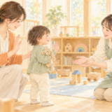 一時保育で子どもを迎える保育者と保護者のイラスト