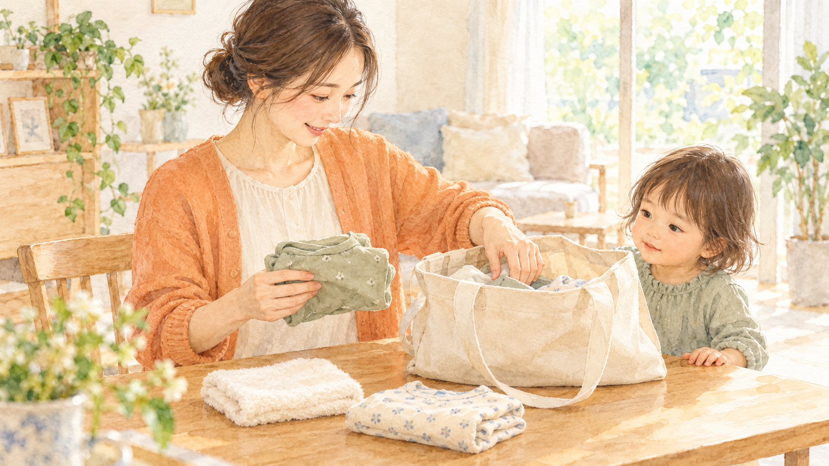 子どもと一緒にバッグや着替えを準備する保護者のイラスト
